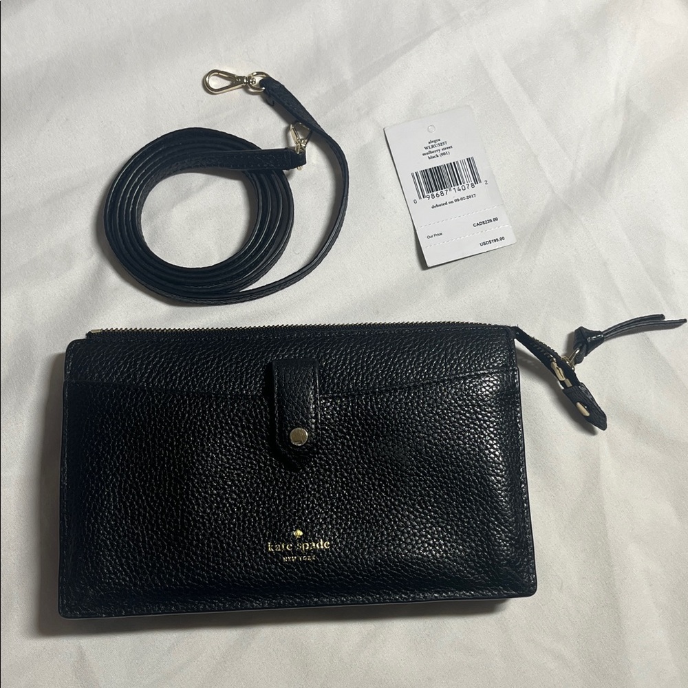 Kate Spade Black Textured Leather Wallet with Strap